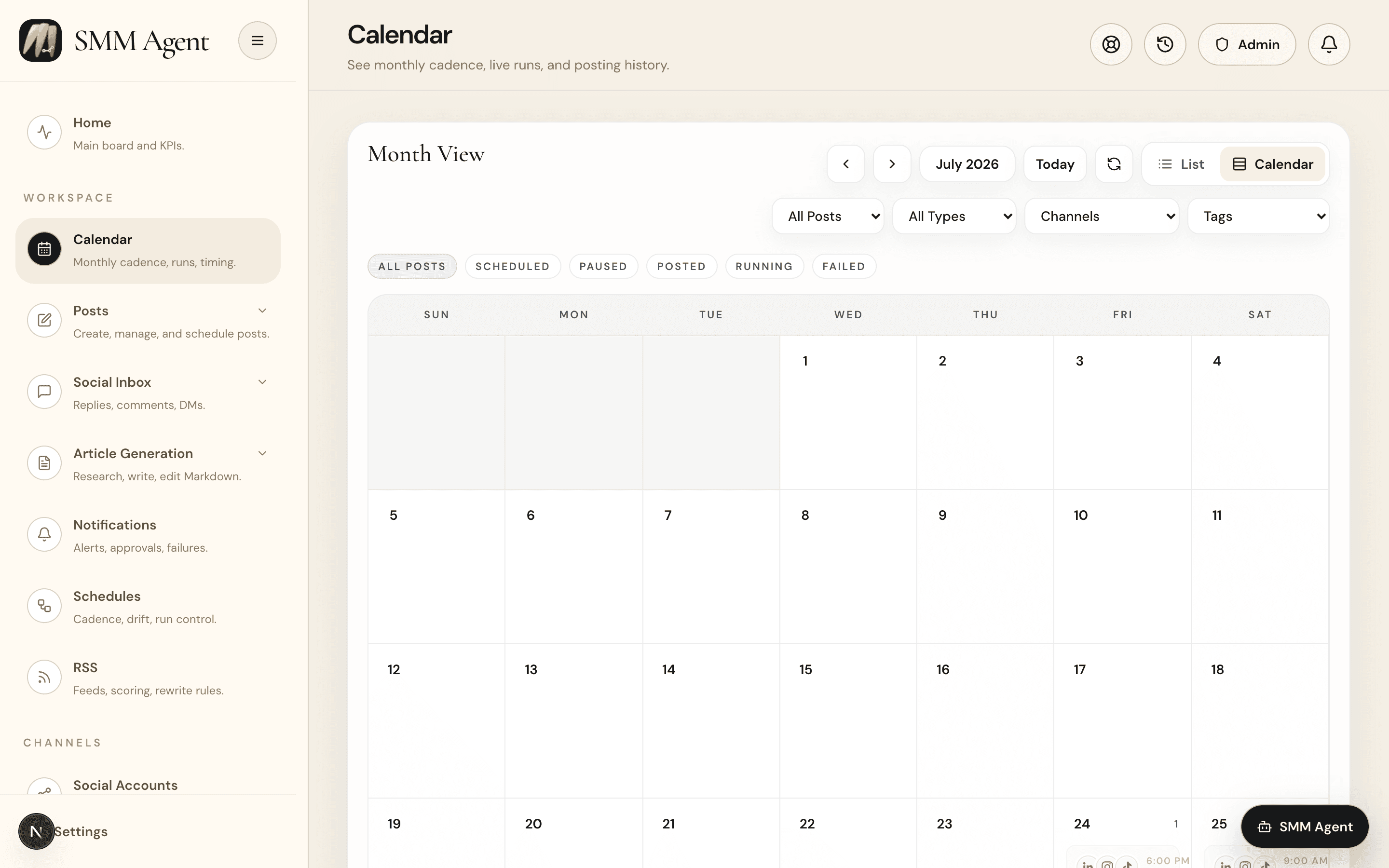 SMM Agent calendar showing scheduled social posts across channels